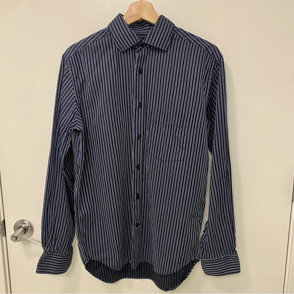 SAKS FIFTH AVENUE | Men’s Button Down Dress Shirt Dark Blue & Black Stripe